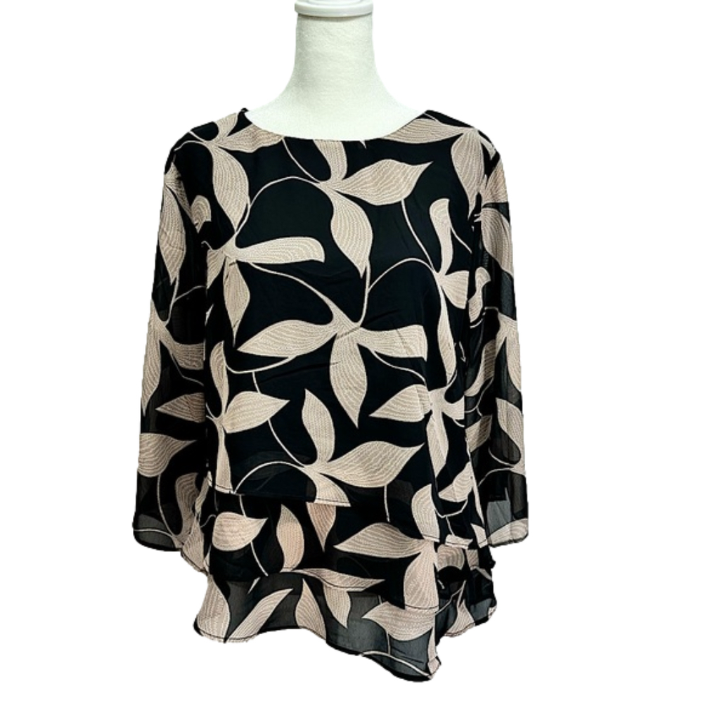 Keren Hart Black & Tan Leaves Sheer Layered Asymmetric Hem Top Size Large